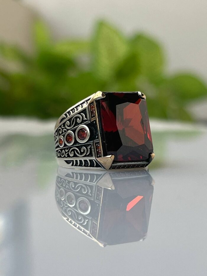 925 Silver Ring with Red Zircon Stone #017