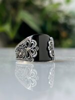 Black Agate Stone Silver Ring #045