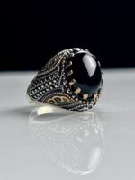 Black Agate Stone Silver Ring #080