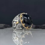Black Agate Stone Silver Ring #021