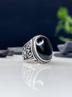 Black Aqeeq Stone Silver Ring #055 - Image 3
