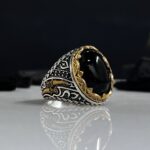 Black Aqeeq Stone Silver Ring#058