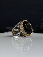 Black Aqeeq Stone Silver Ring#058