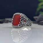 Red Aqeeq Stone Silver Ring #082
