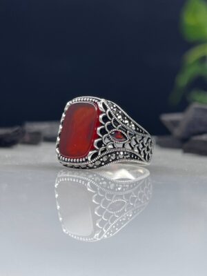 Red Aqeeq Stone Silver Ring