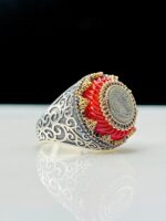 Red Agate With Tughra Symbolize 925 Silver Ring #124 - Image 3