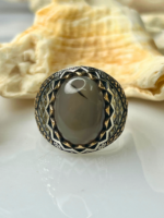 Crowned Crest Aqeeq Stone Silver Ring #190 - Image 2