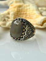 Crowned Crest Aqeeq Stone Silver Ring #190