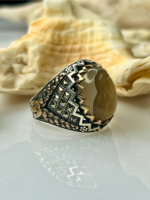 Crowned Crest Aqeeq Stone Silver Ring #193 - Image 3