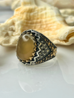 Crowned Crest Aqeeq Stone Silver Ring #193 - Image 2