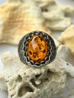 Crowned Magma Amber Stone Silver Ring #188 - Image 7