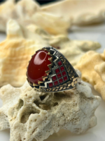 Crowned Sunstone Aqeeq Stone Silver Ring #189 - Image 3