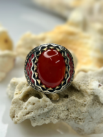 Crowned Sunstone Aqeeq Stone Silver Ring #189 - Image 2