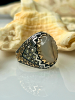 Crowned Crest Aqeeq Stone Silver Ring #191 - Image 2