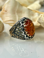 Crowned Magma Amber Stone Silver Ring #188 - Image 3