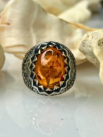 Crowned Magma Amber Stone Silver Ring #188