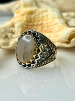 Crowned Crest Aqeeq Stone Silver Ring #191 - Image 3