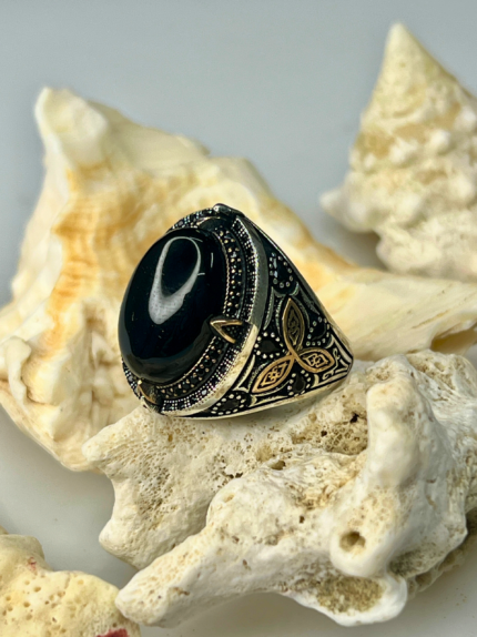 Black Aqeeq Stone Silver Ring #183