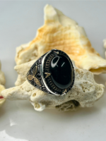Black Aqeeq Stone Silver Ring #183 - Image 4