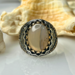Crowned Crest Aqeeq Stone Silver Ring #191