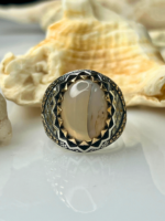 Crowned Crest Aqeeq Stone Silver Ring #191