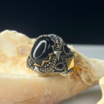 Byazantine Shield Black Aqeeq Silver Ring #173