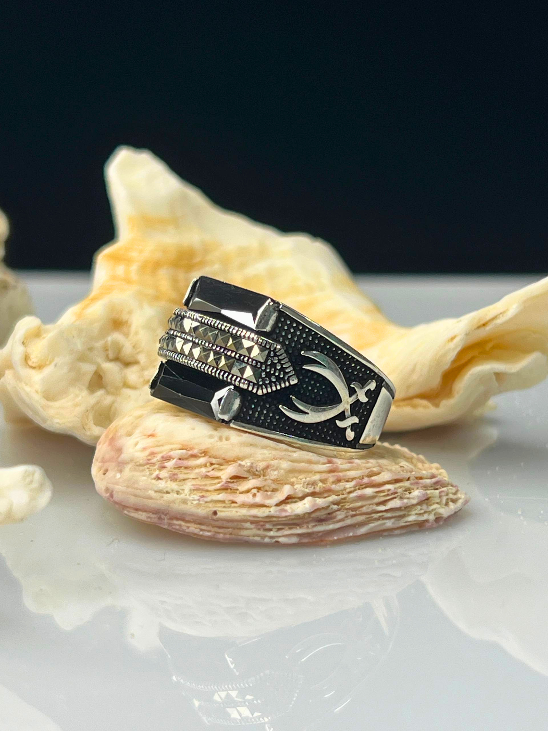 86 The Zulfiqar Signet Black Zircon Stone Silver Ring #174 - Image 1