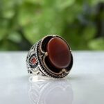 RED AQEEQ STONE SILVER RING #204