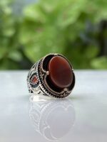 RED AQEEQ STONE SILVER RING #204