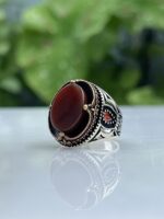 RED AQEEQ STONE SILVER RING #204 - Image 4