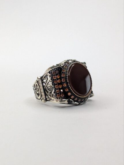 RED AQEEQ STONE 925 SILVER RING #242